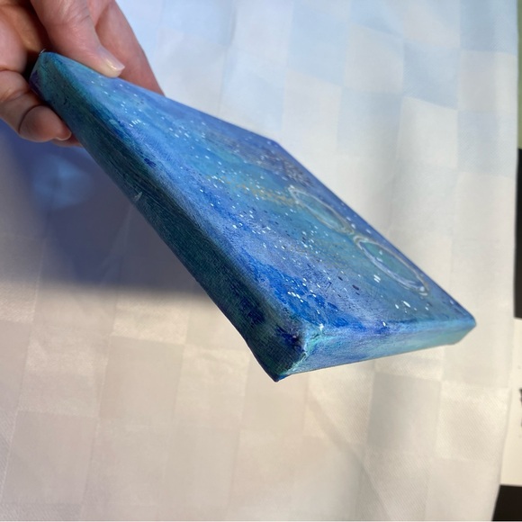 Abstract Acrylic Dream Catcher Blue and Gold Mini Painting, 6x6" - Picture 8 of 10